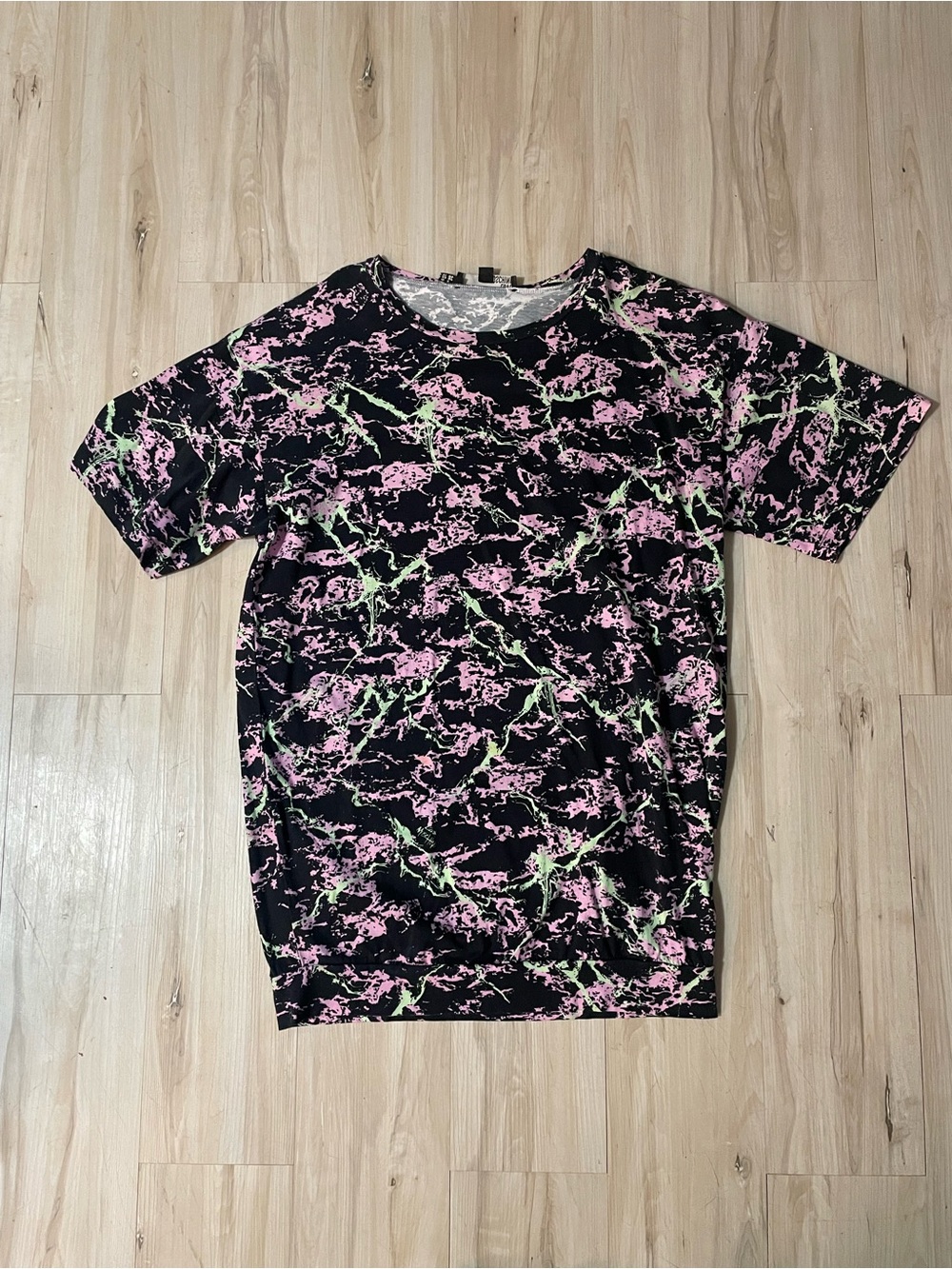 Love Moschino Black Tee with Pink & Lime Marble Print